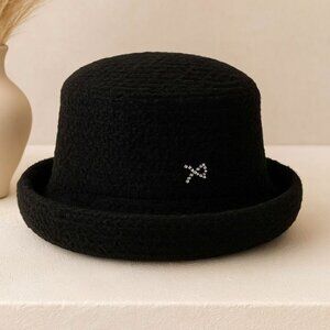Betmar Chenille Bucket Hat Black Rhinestone Logo Soft Cloche Winter Cozy Luxe